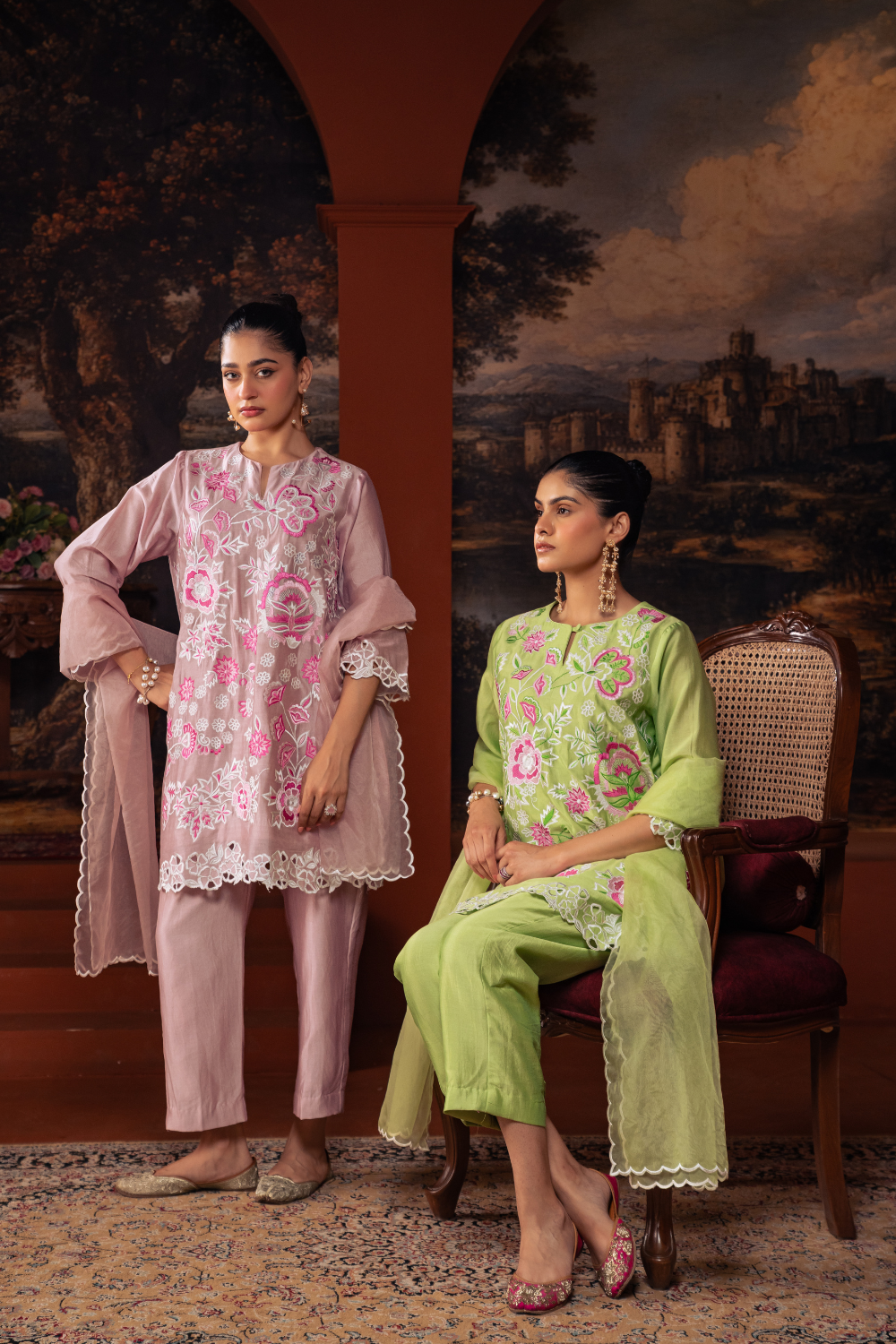 Mul Chanderi Embroidered Kurta Set Pink