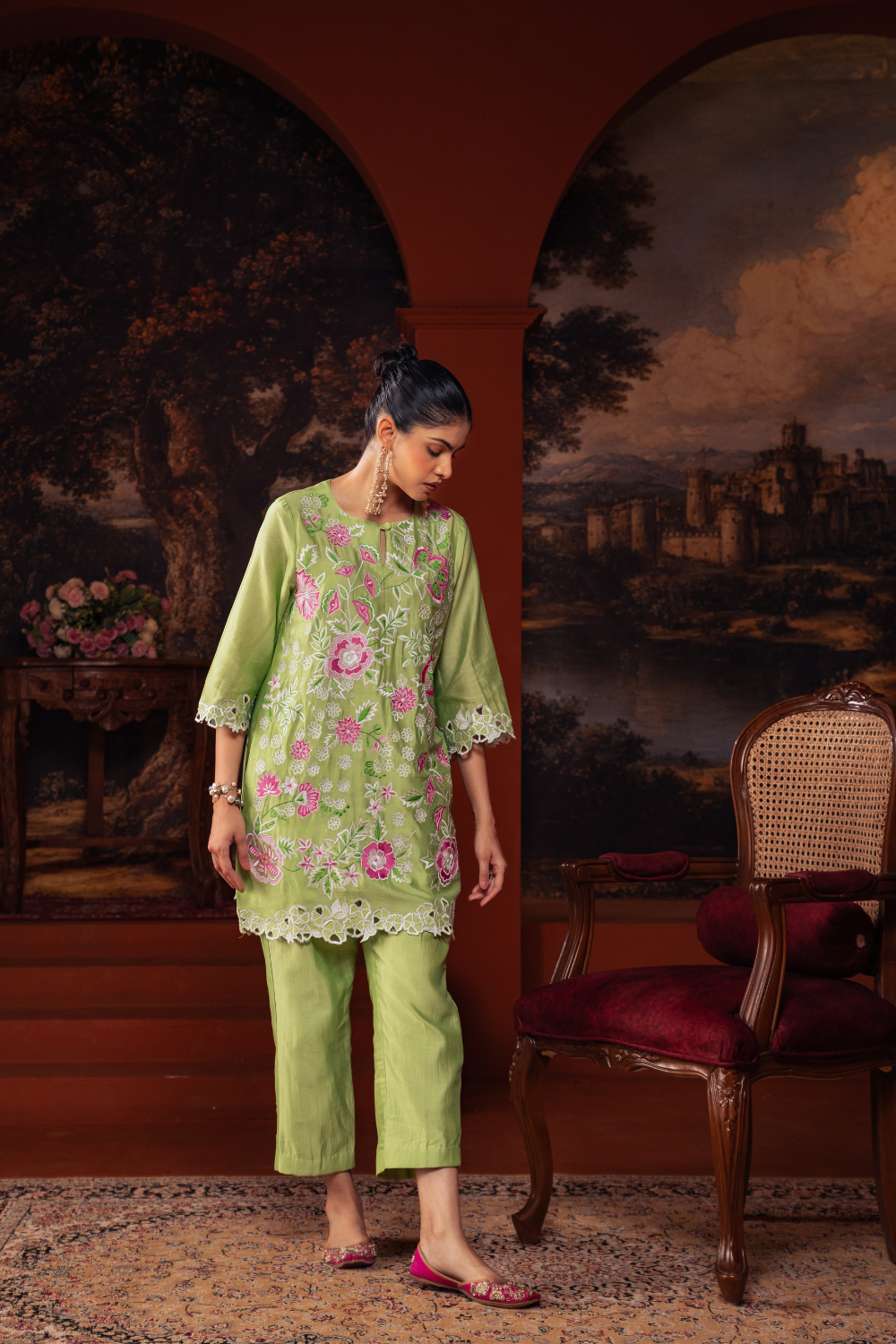 Mul Chanderi Embroidered Kurta Set Lime Green