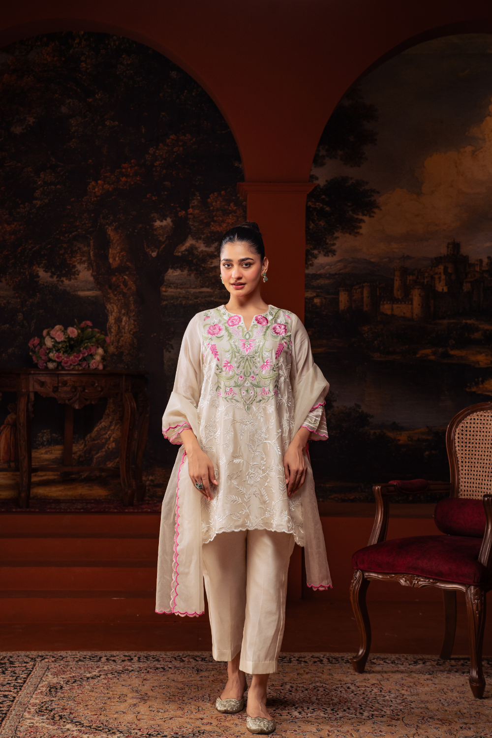 Creamy Mul Chanderi Multi colored Embroidered Kurta Set
