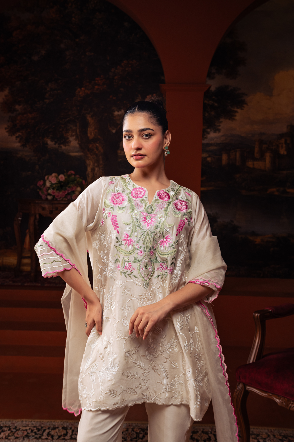 Creamy Mul Chanderi Multi colored Embroidered Kurta Set