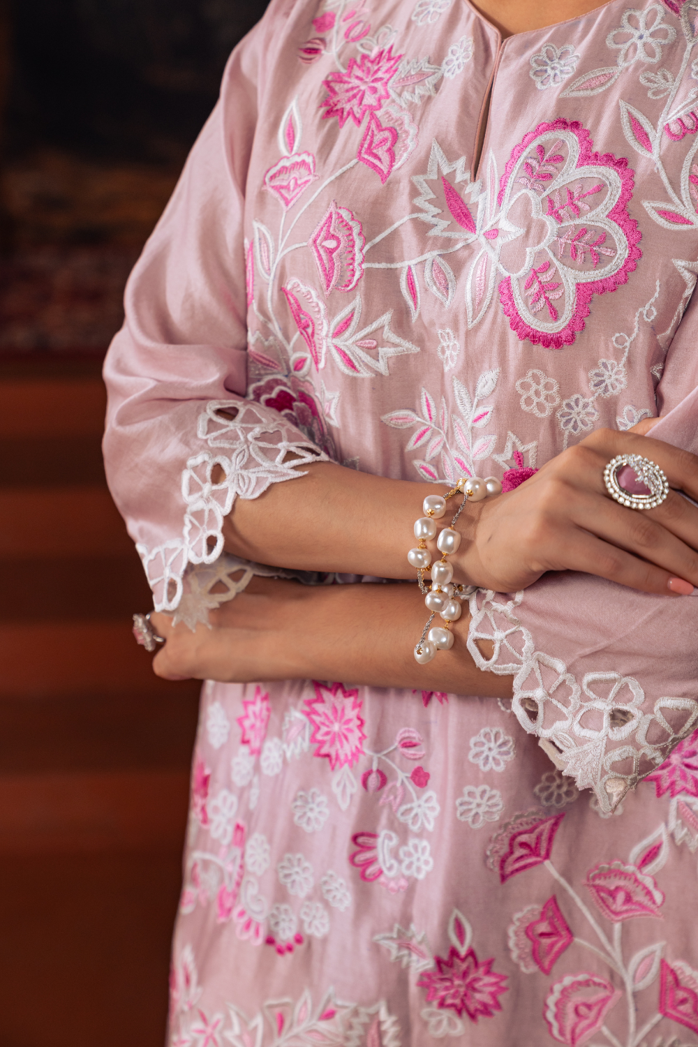 Mul Chanderi Embroidered Kurta Set Pink