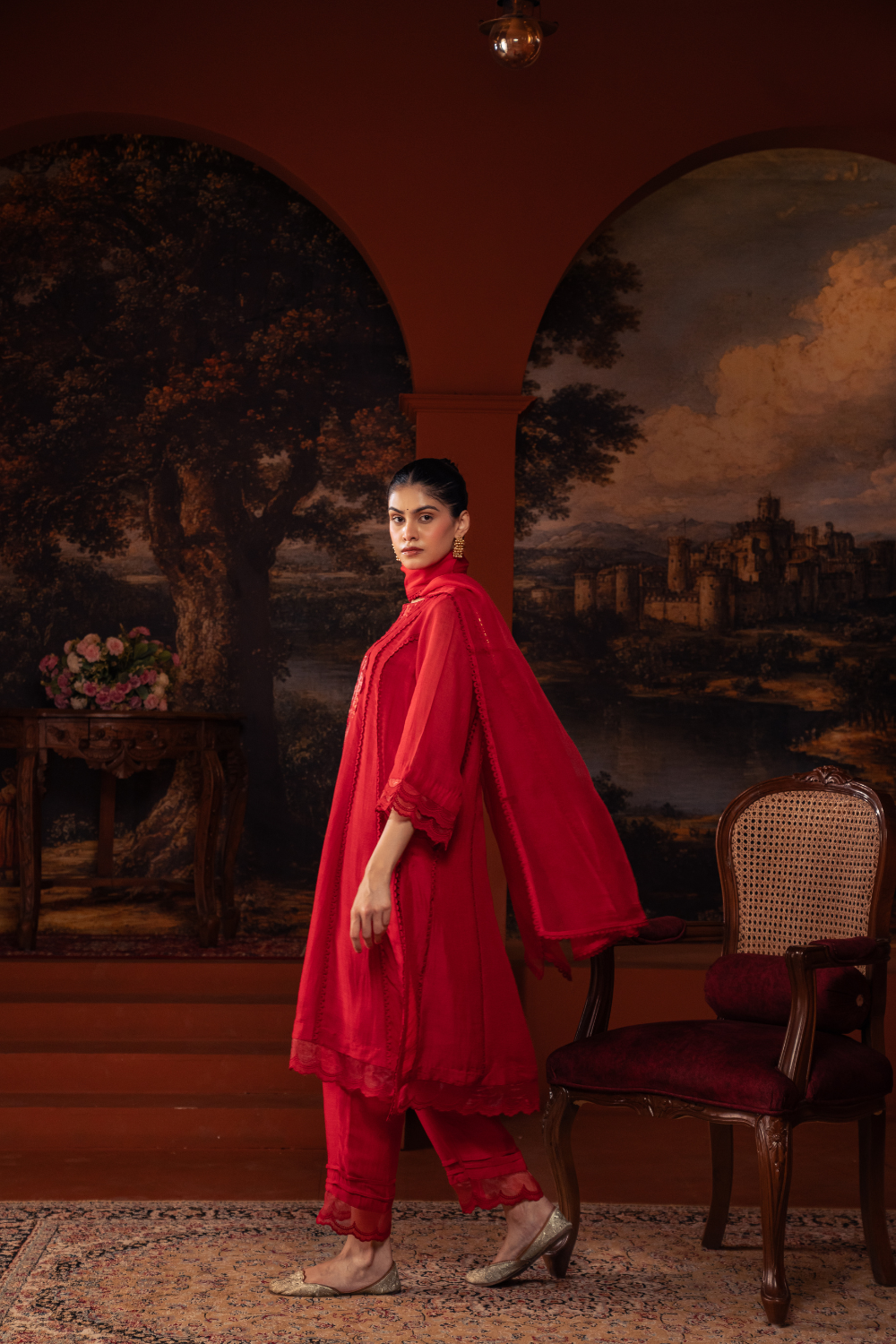 Red Mal Chanderi Kalidar Suit Set
