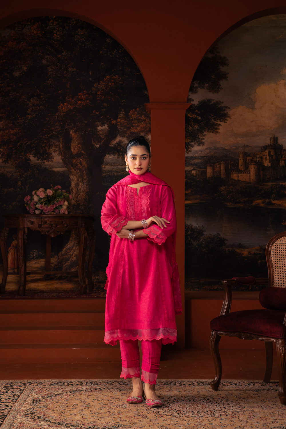 Fushia Mal Chanderi Kalidar Suit Set