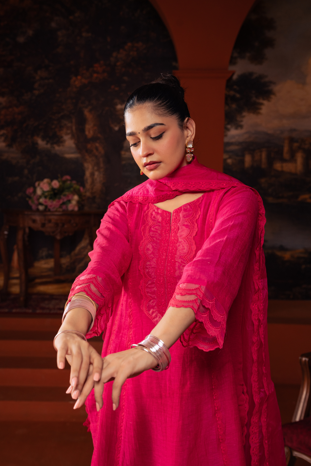 Fushia Mal Chanderi Kalidar Suit Set