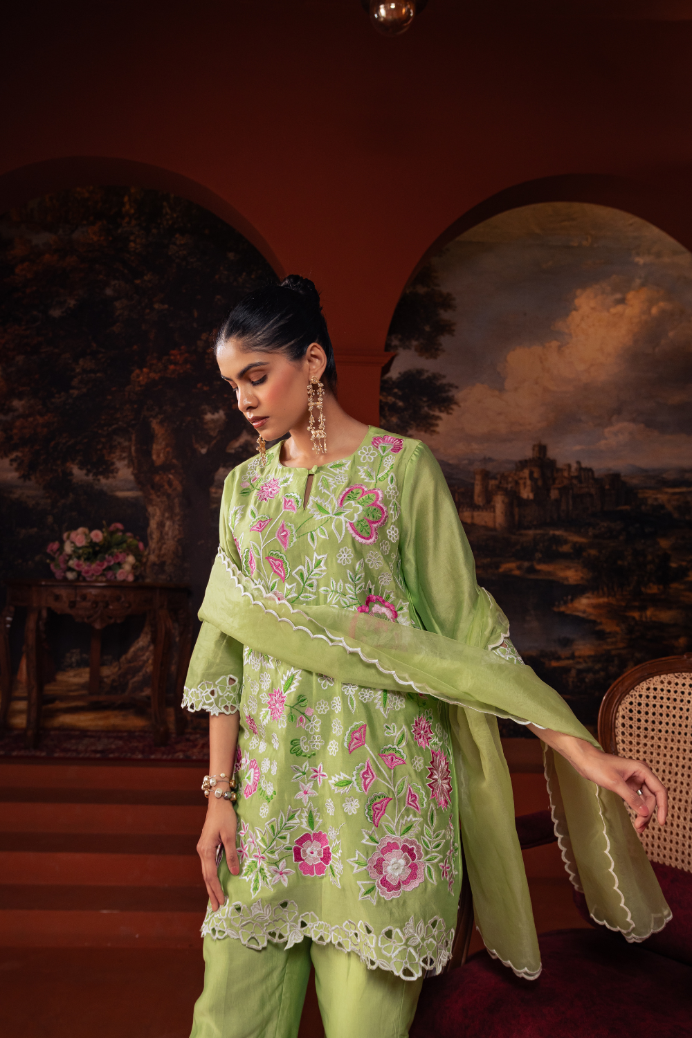 Mul Chanderi Embroidered Kurta Set Lime Green