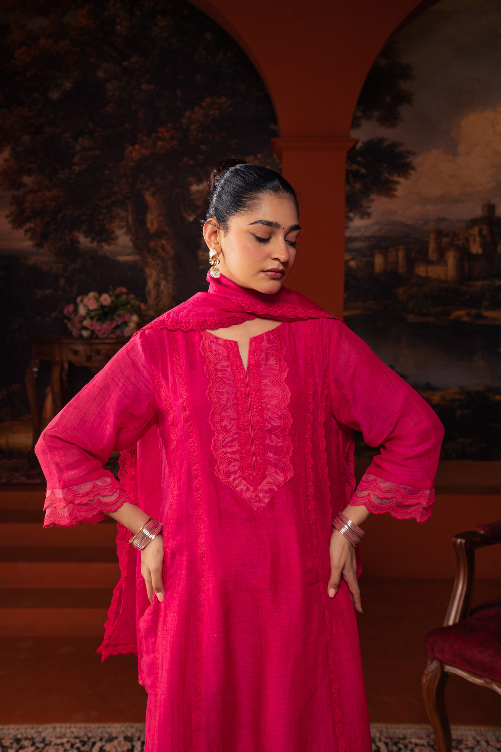 Fushia Mal Chanderi Kalidar Suit Set
