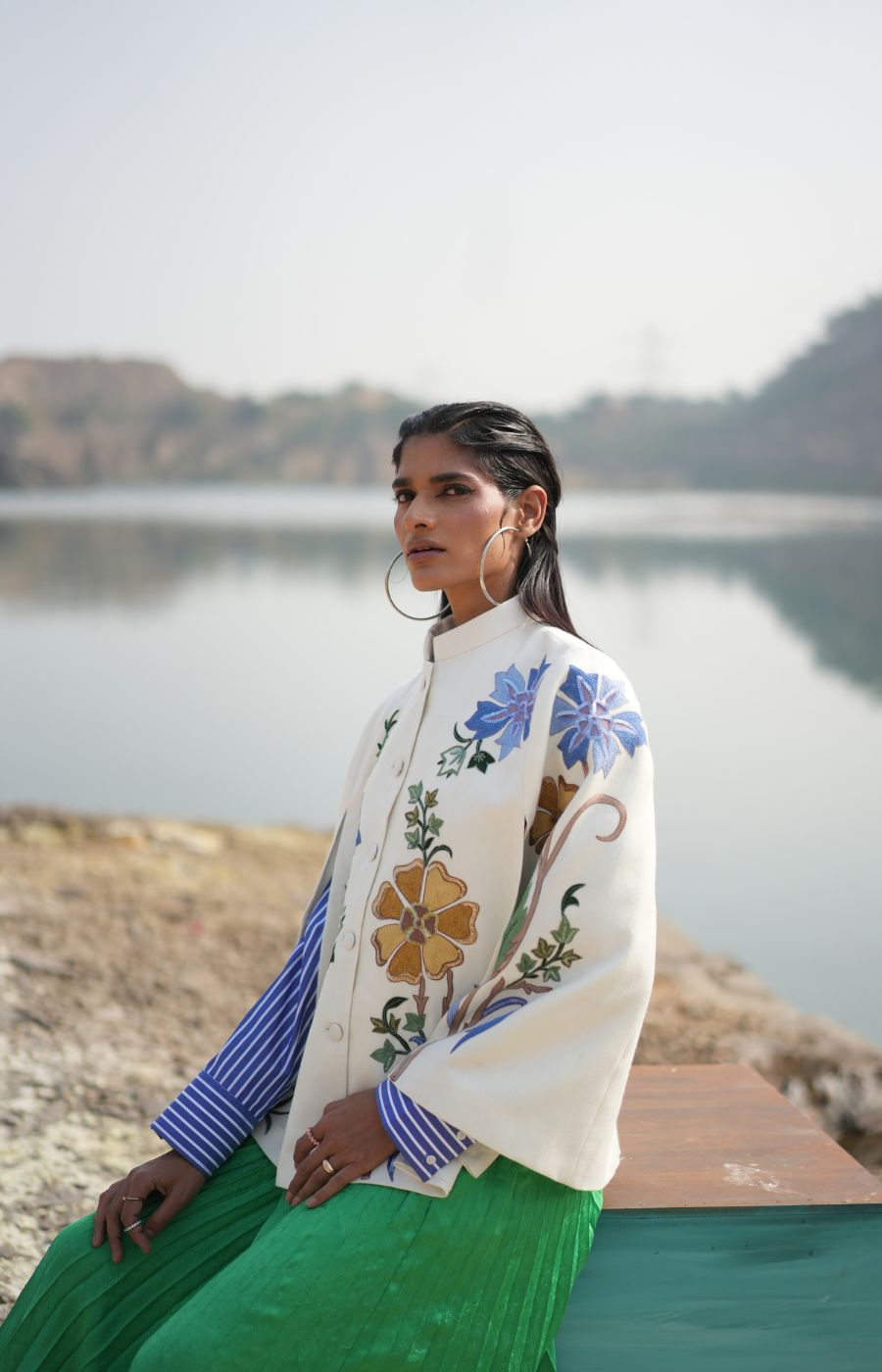 SUKHNEET MSCOCOQUEEN IN BLUE & GOLDEN FLORAL CAPE