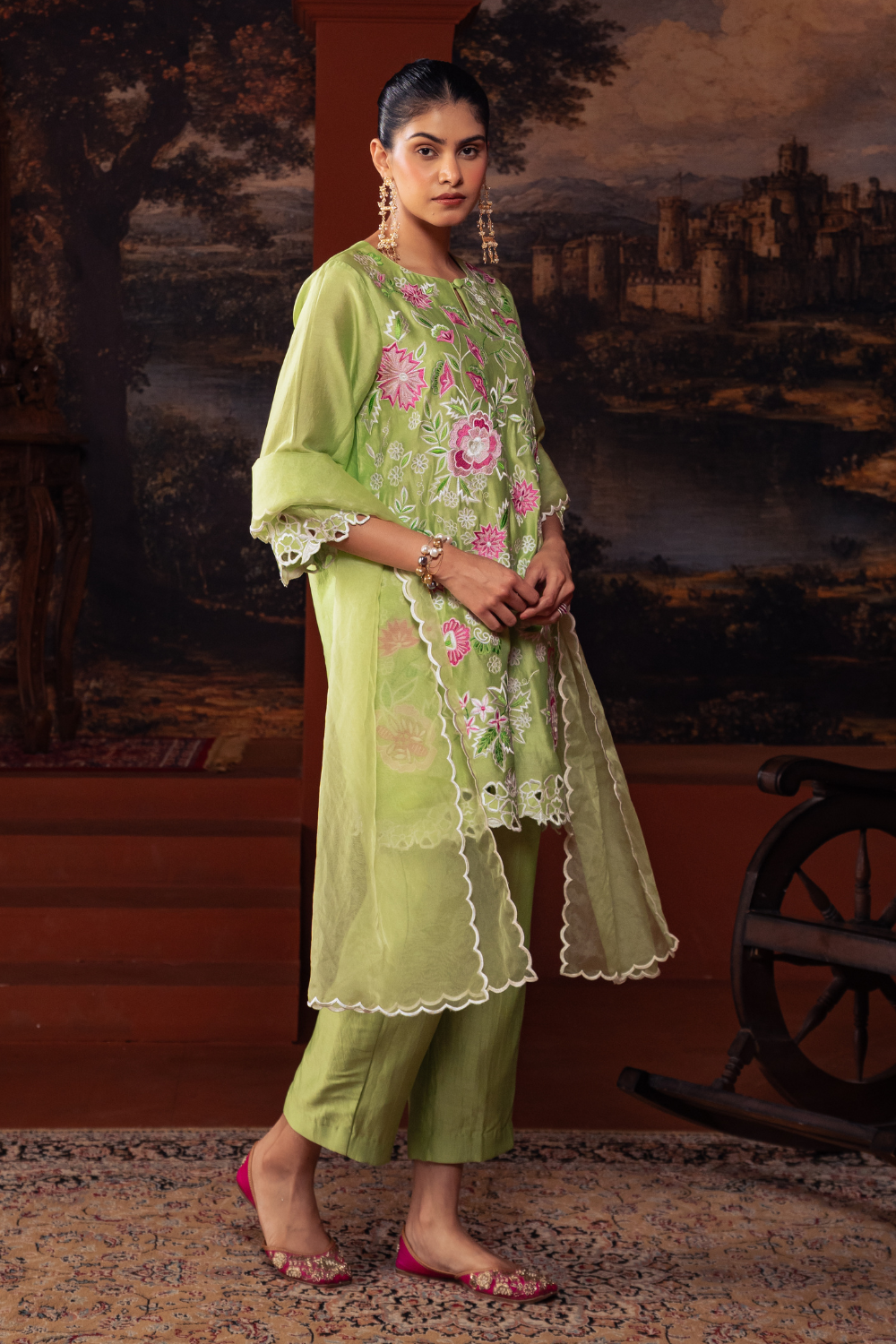 Mul Chanderi Embroidered Kurta Set Lime Green