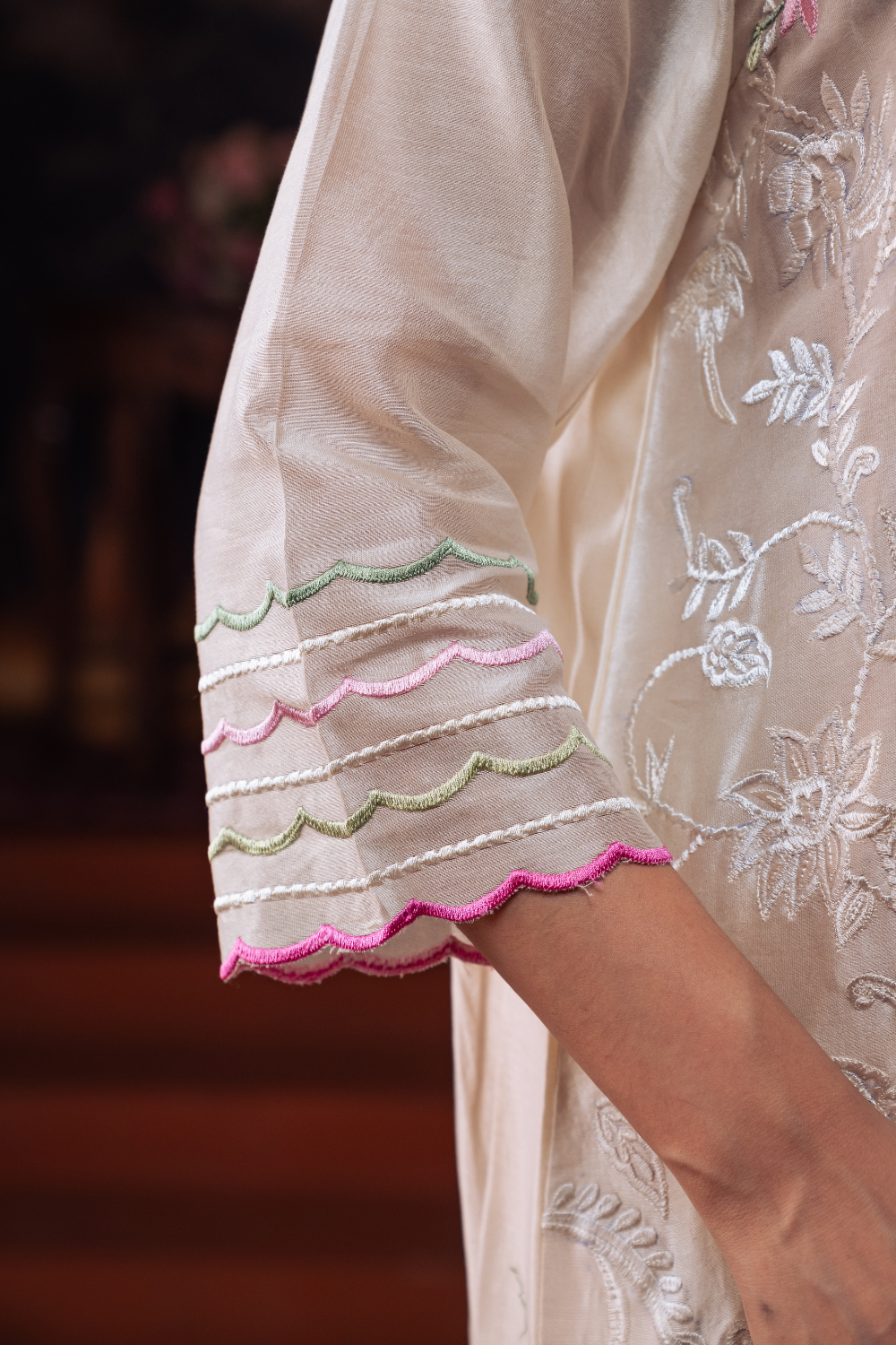 Creamy Mul Chanderi Multi colored Embroidered Kurta Set