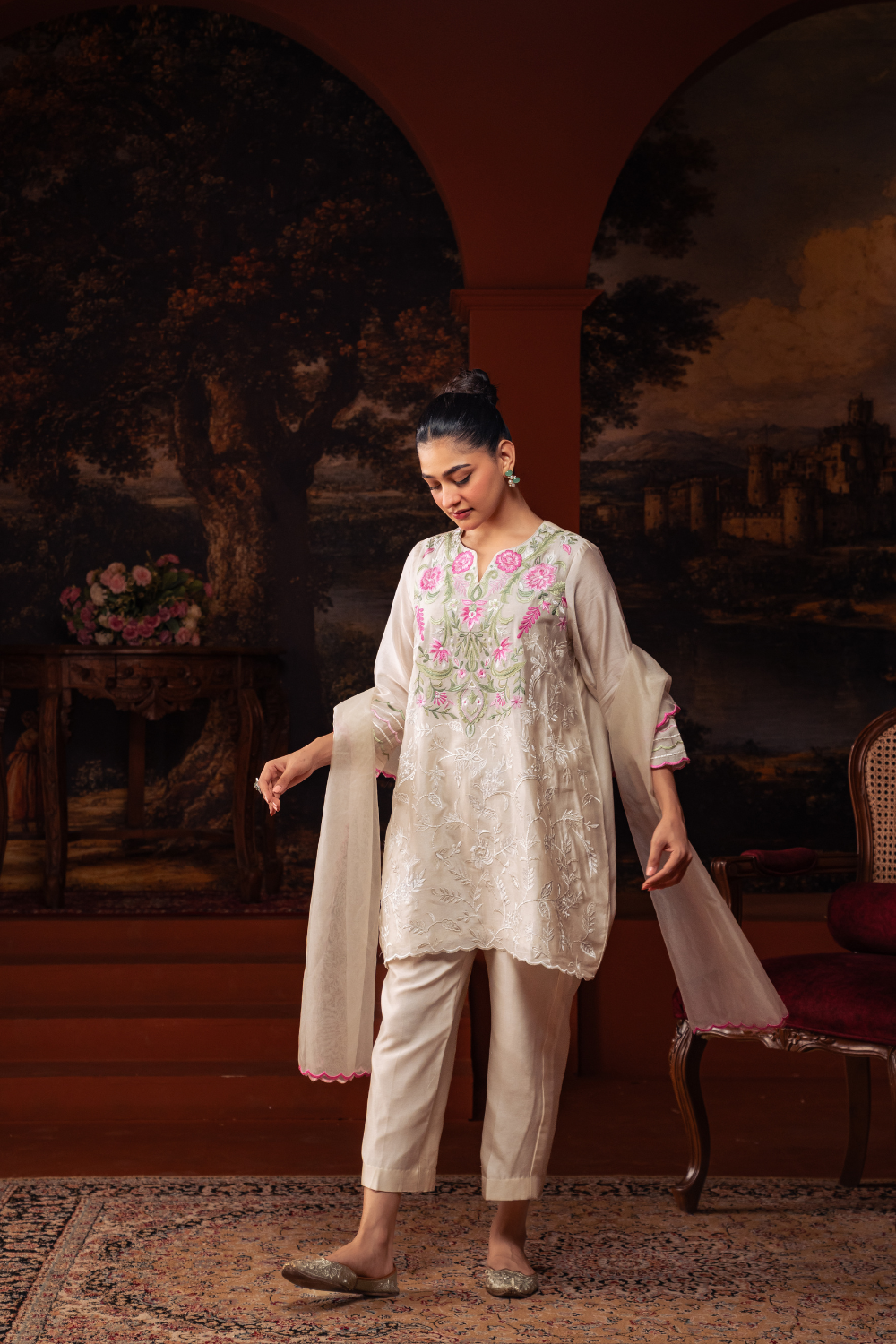 Creamy Mul Chanderi Multi colored Embroidered Kurta Set