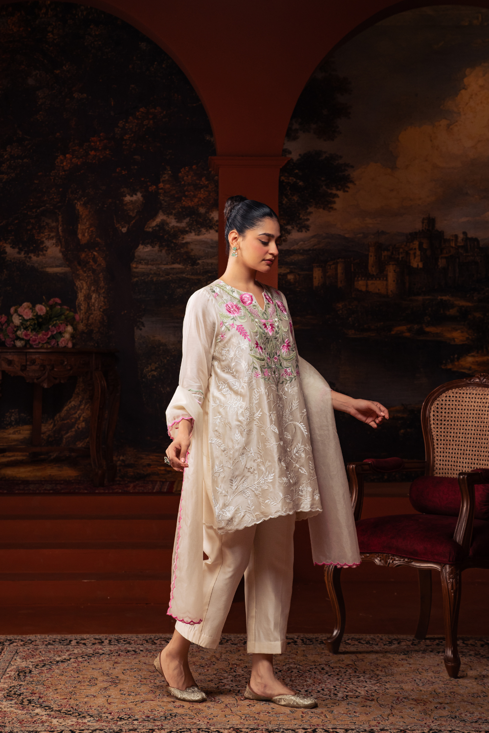 Creamy Mul Chanderi Multi colored Embroidered Kurta Set