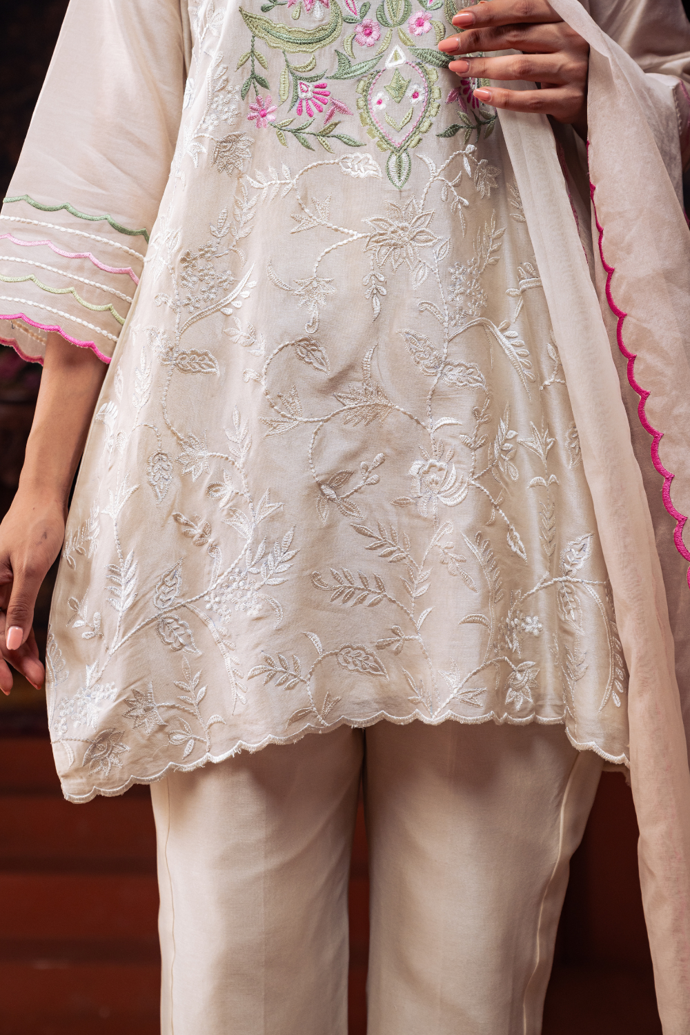 Creamy Mul Chanderi Multi colored Embroidered Kurta Set
