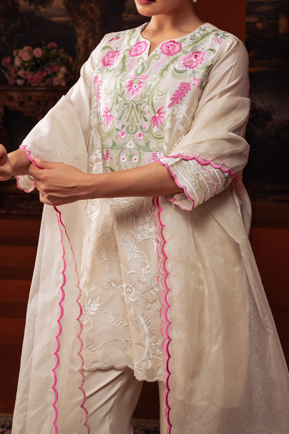 Creamy Mul Chanderi Multi colored Embroidered Kurta Set