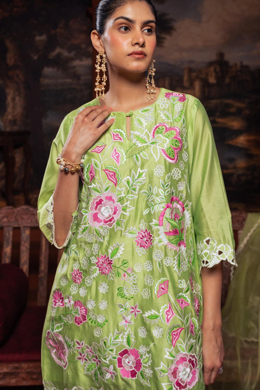 Mul Chanderi Embroidered Kurta Set Lime Green